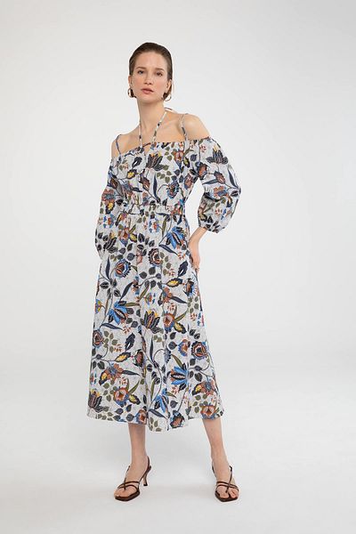 DeFacto Relax Fit Ethnic Patterned Shoulder Open Tie Detailed Poplin 100% Cotton Dress X5701az22sp