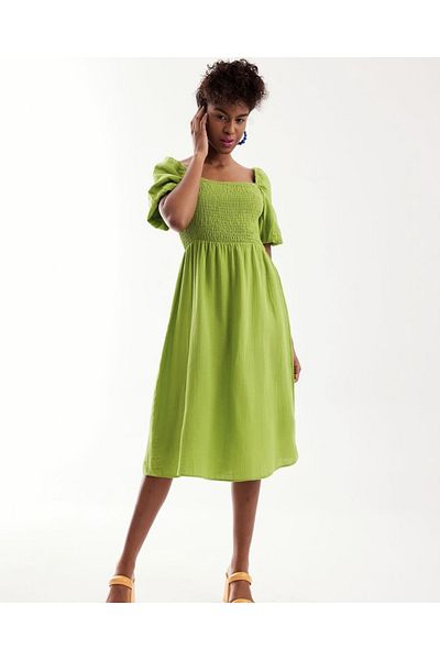 soBasic Rochie din bumbac cu mânecă cu balon verde, guler pătrat