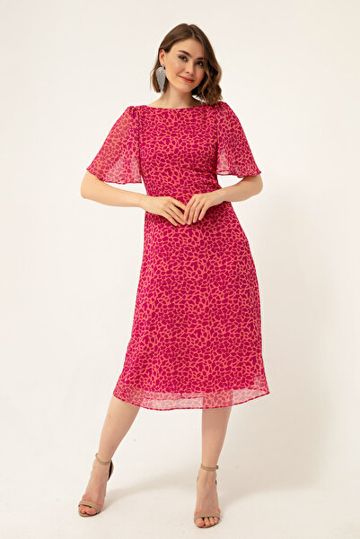 Lafaba Dámské fuchsiové šaty z midi šifonu s krátkým rukávem