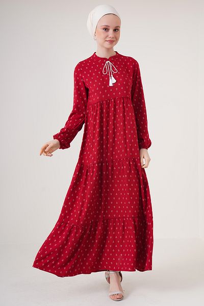 Bigdart 1627 Rochie Hijab cu șireturi cu guler - Roșu Claret