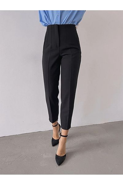 Laluvia Black Front Flared High Waist Fabric Trousers
