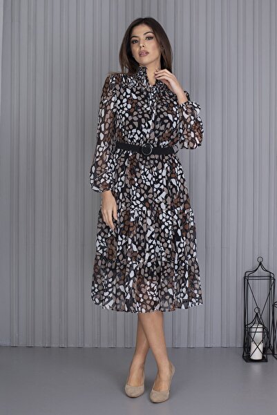 Neşeli Butik Γυναικείο Μίντι Μήκος Σιφόν Φόρεμα Νέας Σεζόν με Ζώνη Apcx04