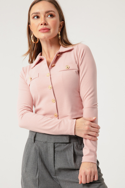 Lafaba Women's Powder Buttoned Short Knitted Blouse