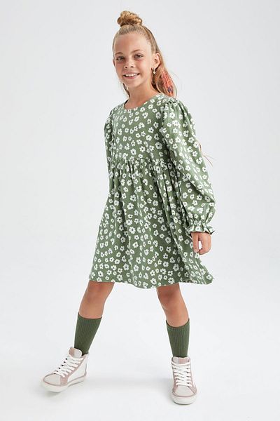 DeFacto Girl's Crew Neck Floral Long Sleeve Dress