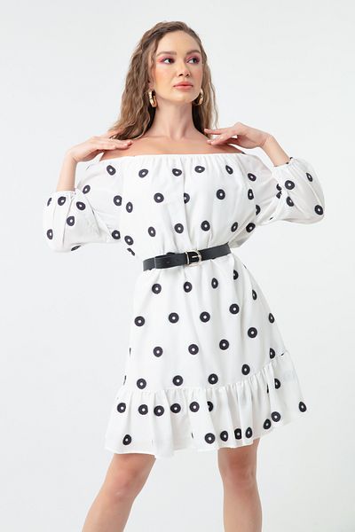 Lafaba Women's White Dress with Elastic Sleeves and Belt