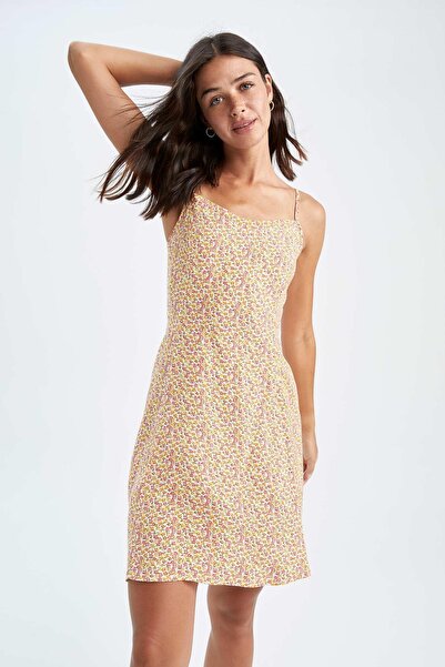 DeFacto A-vonalú V-nyakú, nyomott mini pántos rövid ujjú ruha