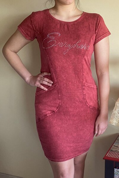 Mia Butik Women's Dark Red Dress with Written Stones on the Front