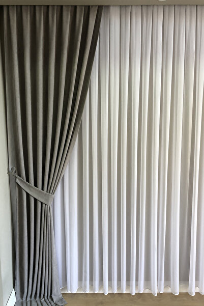 Beythome Açık Gri Soft Kadife Fon Perde   Pileli Tek Kanat