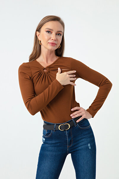 Lafaba Γυναικεία Καφέ Πλεκτή Μπλούζα