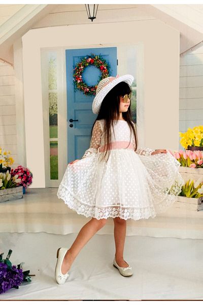 Mixie Λευκό φόρεμα με λευκό καπέλο με κορδόνια Princess Girl