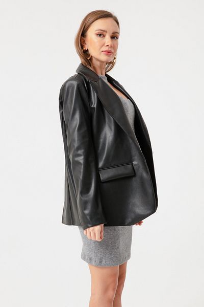 Lafaba Women's Black Single Button Faux Leather Jacket