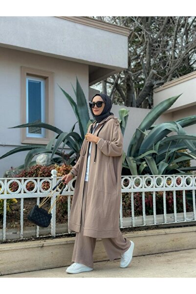 NS Moda Hijab Zippered Cap, Trousers Set Mink Model-439