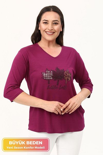 tarzımsüper Large Size New Season Casual Comfort Model Leaf Pattern Stone Printed Half Sleeve Mother 4 Seasons Blouse