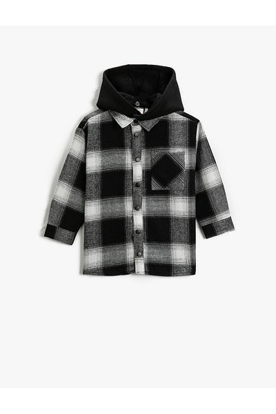 Koton Hooded Lumberjack Shirt Single Pocket Printed on the Back Long Sleeve