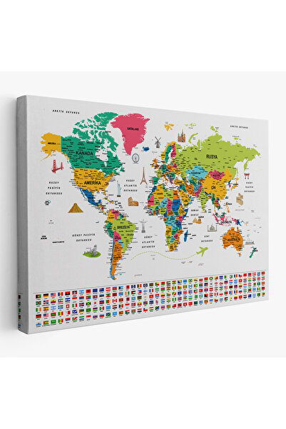 Harita Sepeti Türkçe Dünya Haritası Eğitici-öğretici Sembollü Bayraklı Dekoratif Duvar Tablosu-2870