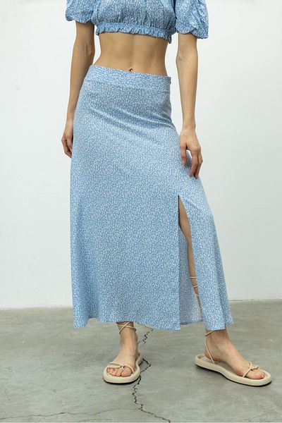 TUBİA Fusta lungă cu fante cu model floral albastru de damă