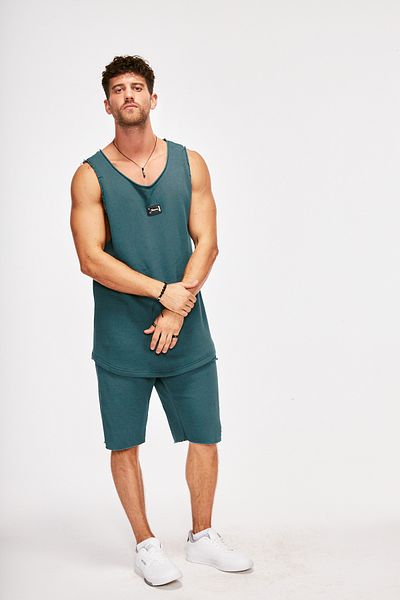 THIMOON Men's Green Plain Oversize Sleeveless T-shirt