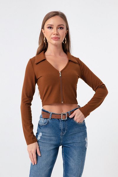 Lafaba Women's Brown Zipper Detailed Knitted Blouse
