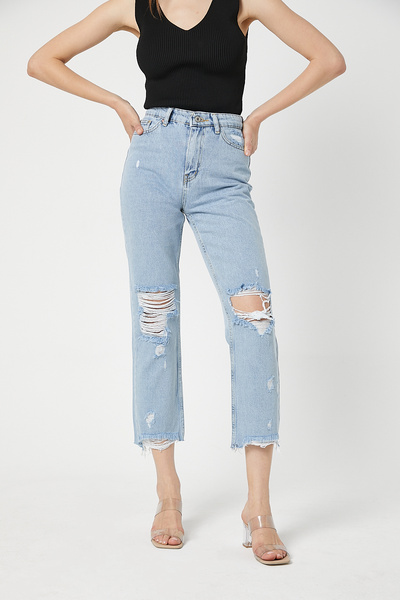Kadın Mavi Distressed Mom Jean Pantolon