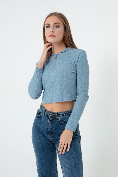 Lafaba Women's Blue Front Zipper Knitted Crop Blouse