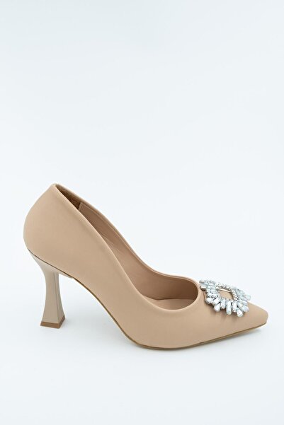 Modabuymus Anjelik Nude Satin Stone Stiletto Goblet Heeled Shoes