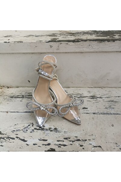 LİNEER Kadın Şeffaf 7 Cm Kadeh Topuklu Taşlı Fiyonklu Stiletto Gelin Ayakkabısı