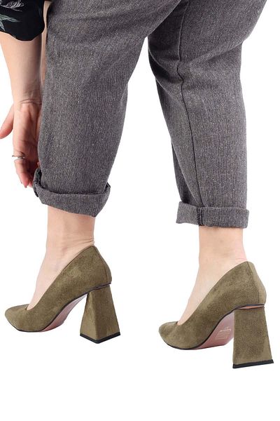 Modabuymus Green Suede Stiletto Triangle Thick Heeled Shoes - Ikon