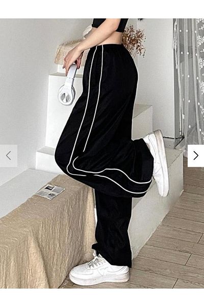 Gofeel Harajuku Couple Zip Detail Αλεξίπτωτο Unisex Μαύρο φαρδύ ρυθμιζόμενο παντελόνι