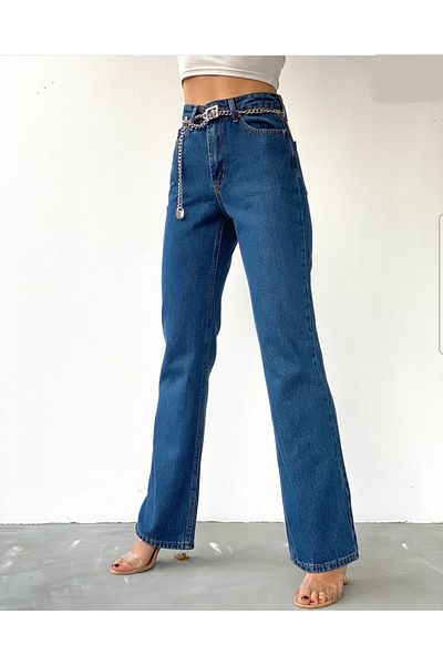 Livik Blugi de damă Jakarta Lycra largi, albaștri, cu talie super înaltă, cu picioare largi