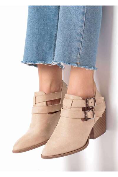 Bej Ayakkabı Women's Side Buckle Adjustable Back Zipper Heeled Shoes Tan