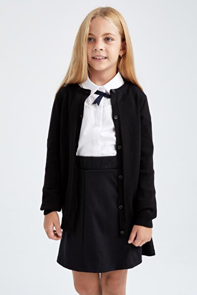 DeFacto Kız Çocuk Siyah Bisiklet Yaka Triko Okul Hırkası