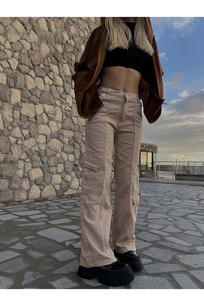 Gofeel Y2k Cream Cargo Pocket και μπροστινή τσέπη Λεπτομερές ρυθμιζόμενο παντελόνι μέσης Unisex