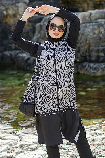 Minel Γυναικείο μαγιό Hijab με μοτίβο μαύρης ζέβρας σετ 2 τεμαχίων