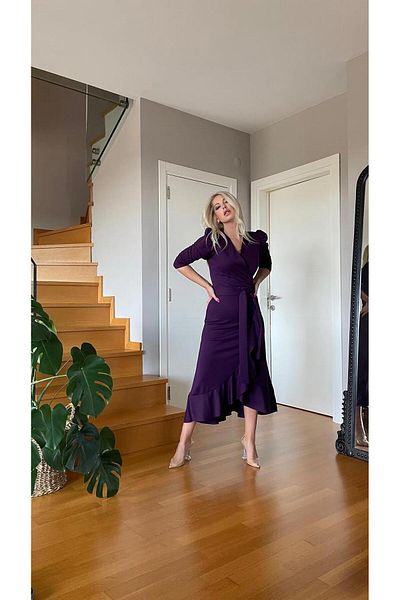 Trendusfashion Rochie midi cu mânecă lungă țesătură Crep Nou Sezon