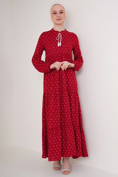 Bigdart 1627 Rochie Hijab cu șireturi cu guler - Roșu Claret