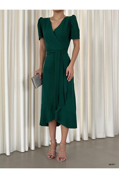 rengamoda Rochie de mireasa de absolvire, verde, crepon, lungime midi, cu centura, maneca scurta 120 cm