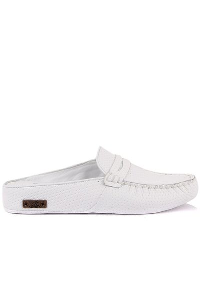 SailLakers - White Leather Women's House Slippers with Stud Detail