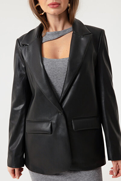 Lafaba Women's Black Single Button Faux Leather Jacket