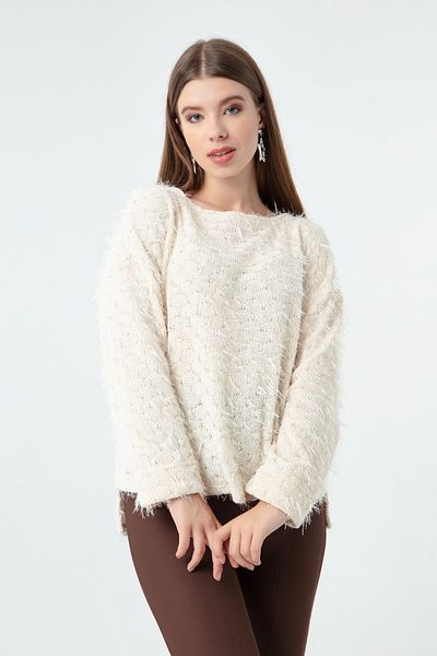 Lafaba Ecrufarbener Pelz-Glitzerpullover für Damen
