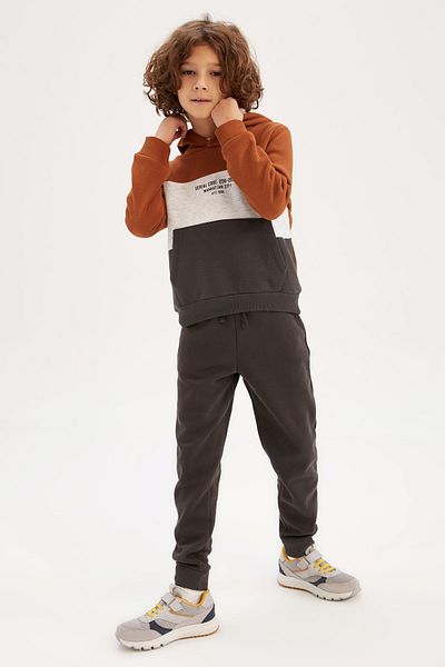 DeFacto Boy's Hooded Printed Soft Furry Sweatshirt Tracksuit Bottom Set