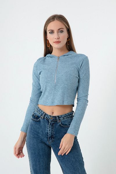 Lafaba Women's Blue Front Zipper Knitted Crop Blouse
