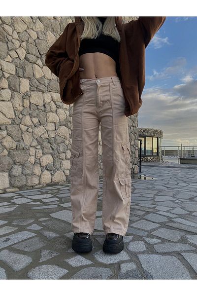 Gofeel Y2k Cream Cargo Pocket και μπροστινή τσέπη Λεπτομερές ρυθμιζόμενο παντελόνι μέσης Unisex