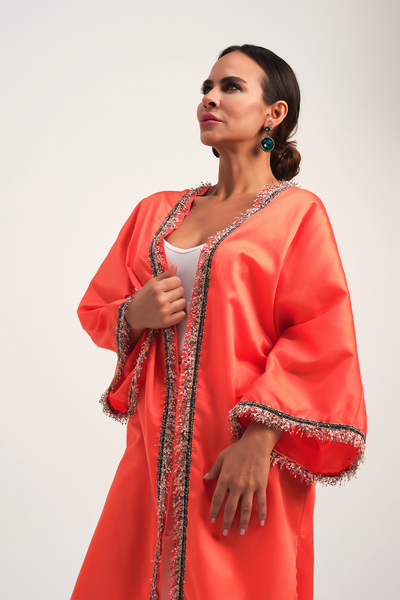 Marever Fashion Degrade Vual Püsküllü Kimono Kaftan Oranj