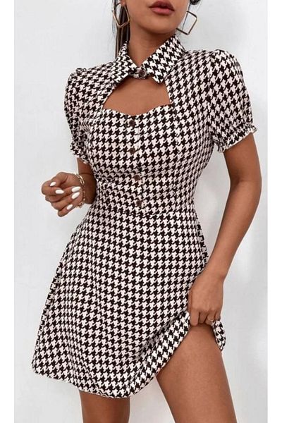 Esinty Rochie de damă, cu model, din țesătură creponată, cu guler cu model