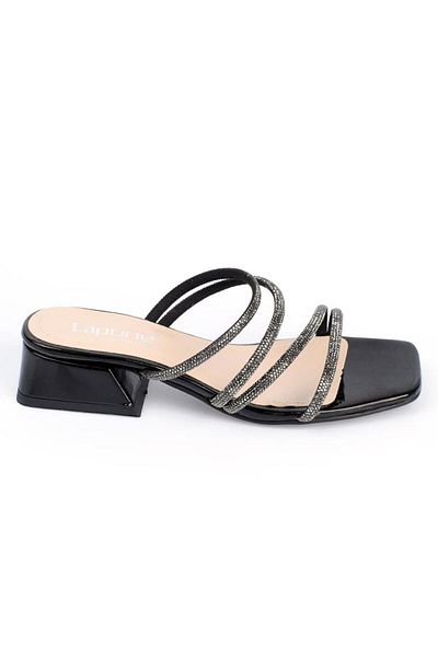 Capone Outfitters Capone Blunt Toe Stony Banded Short Heeled Patent Leather Black Women's Slippers