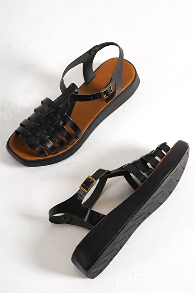 Capone Outfitters Capone Flat Toe Gladiator Strappy Wedge Heeled Women's Leat...