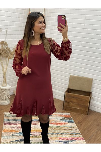 su.butiksu Rochie cu detaliu din tul cu tiv cu imprimeu flocat de culoare burgundă
