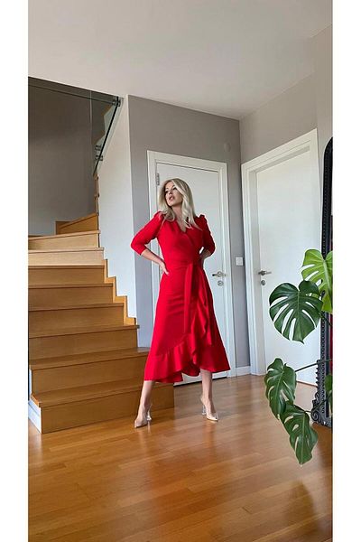 Trendusfashion Rochie midi cu mânecă lungă țesătură Crep Nou Sezon