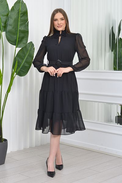 Neşeli Butik Γυναικείο φόρεμα σιφόν με ζώνη Midi Size Gipeli Nb7156 - Μαύρο