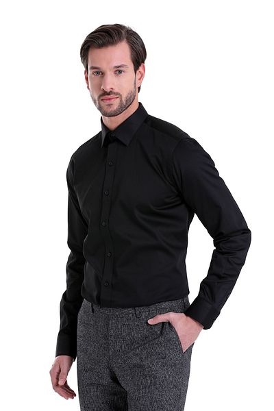 Hatemoğlu Black Comfort Fit Plain 100% Cotton Slim Collar Long Sleeve Classic Satin Shirt